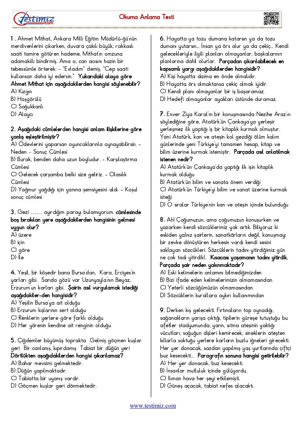 5.Sınıf Paragrafta Anlam Test Pdf İndir