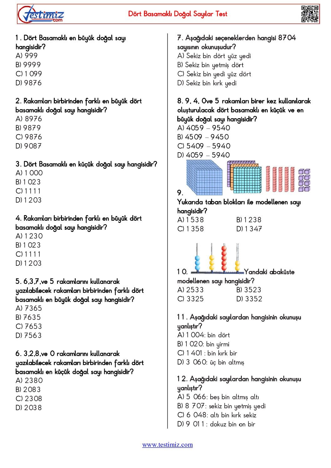 4. Sınıf Dört Basamaklı Doğal Sayılar Çalışma Testi Pdf