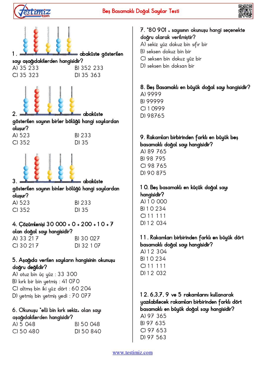 4. Sınıf Beş Basamaklı Doğal Sayılar Çalışma Testi Pdf