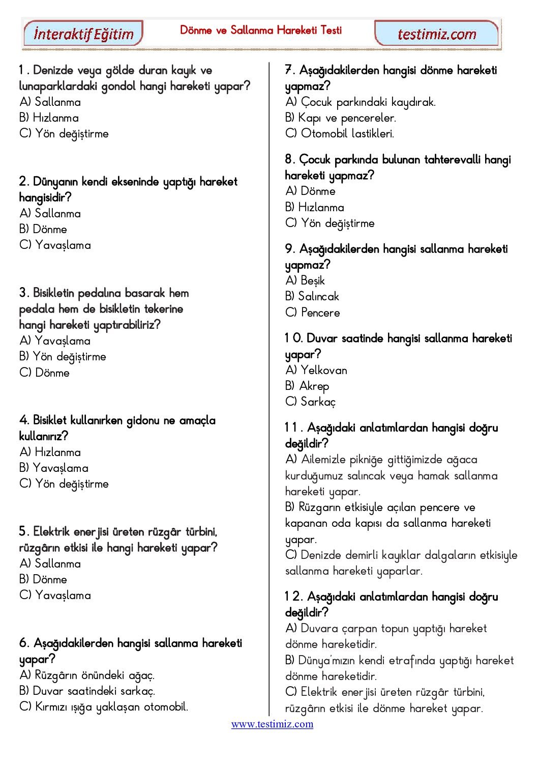 3. Sınıf Dönme ve Sallanma Hareketleri Çalışma Testi Pdf