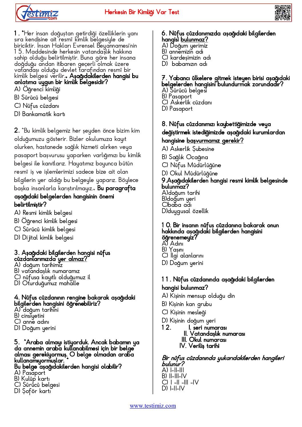 4. Sınıf Herkesin Bir Kimliği Var Çalışma Testi Pdf