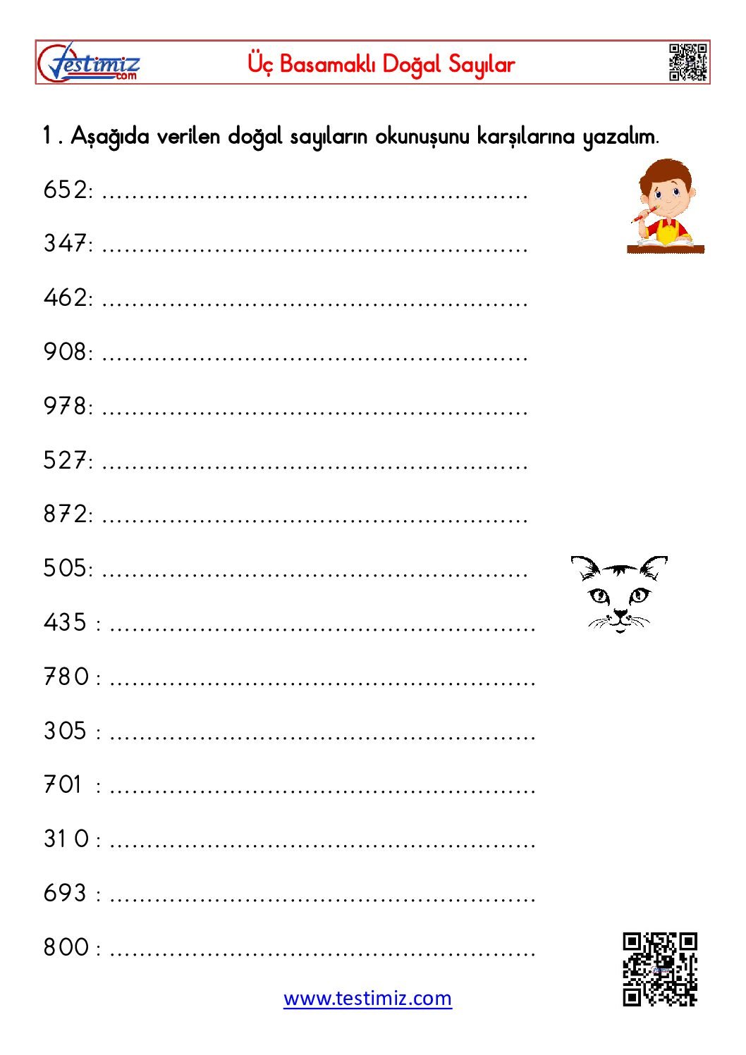 3. Sınıf Üç Basamaklı Doğal Sayıları Okuma Yazma Çalışması Pdf
