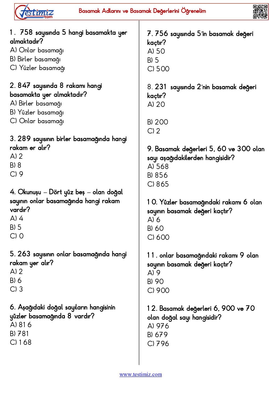 3. Sınıf Basamakları Öğrenelim Çalışma Testi Pdf