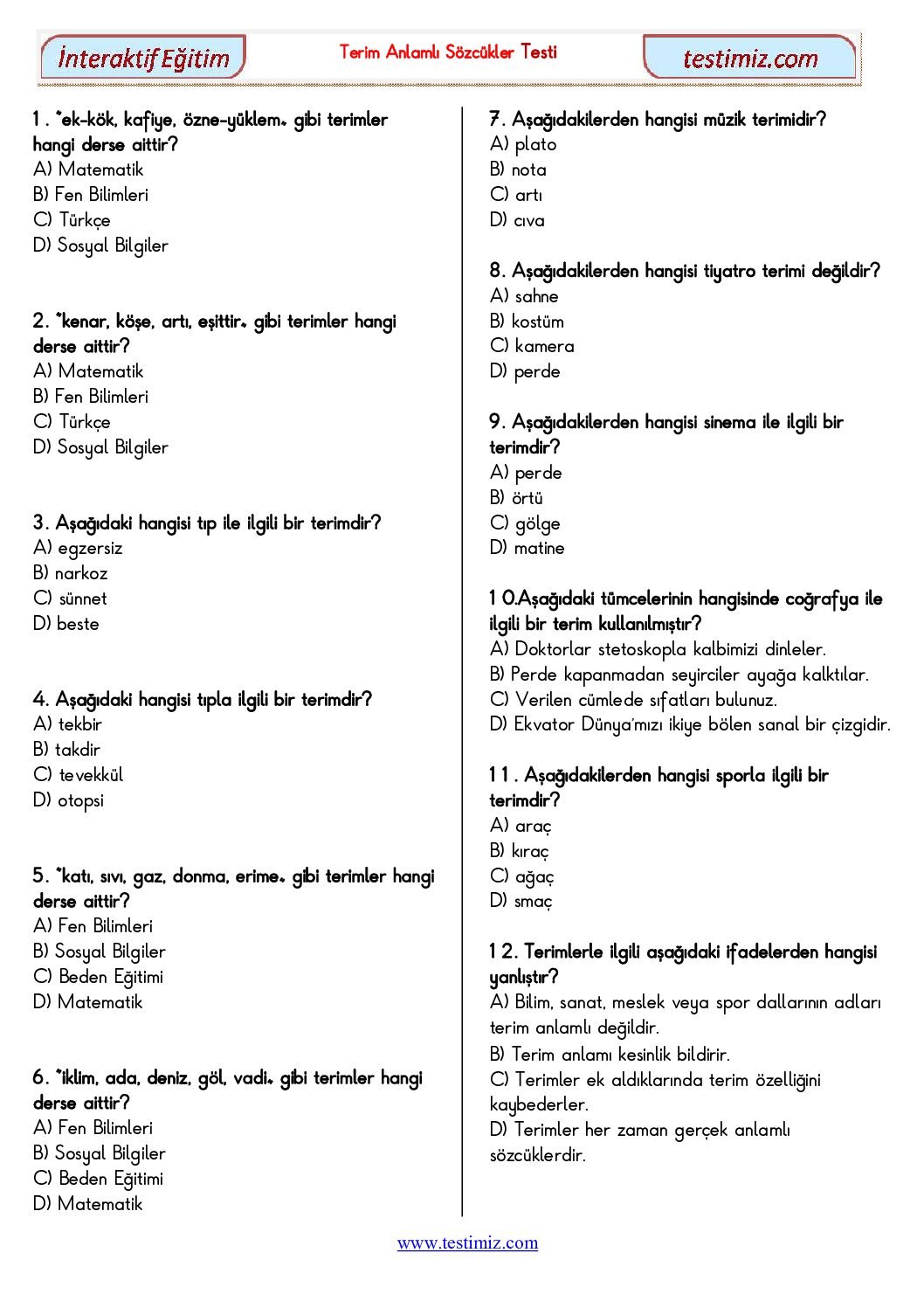 4. Sınıf Terim Anlamlı Sözcükler Çalışma Testi Pdf