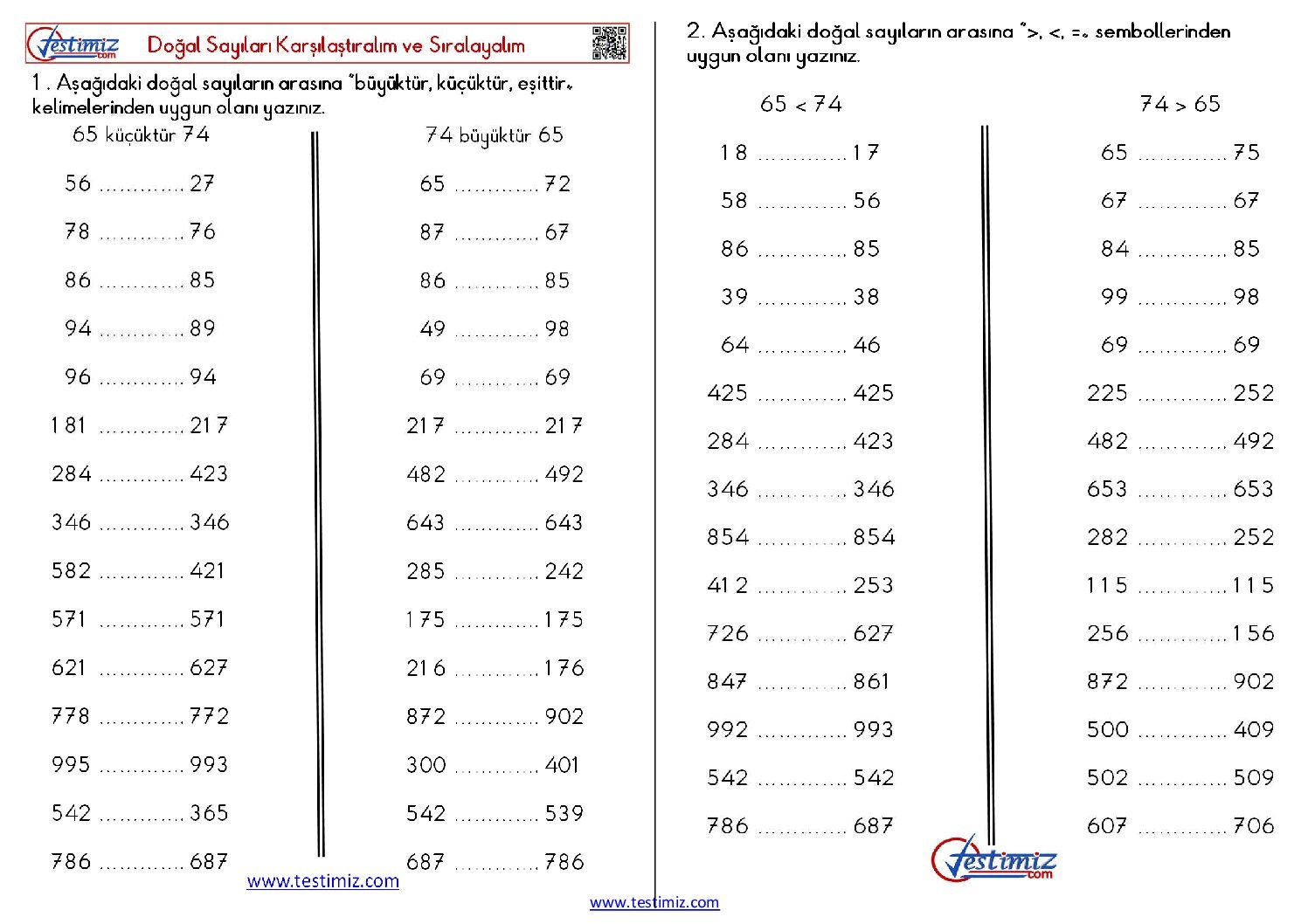 3. Sınıf Doğal Sayıları Sıralama ve Karşılaştırma Çalışması Pdf