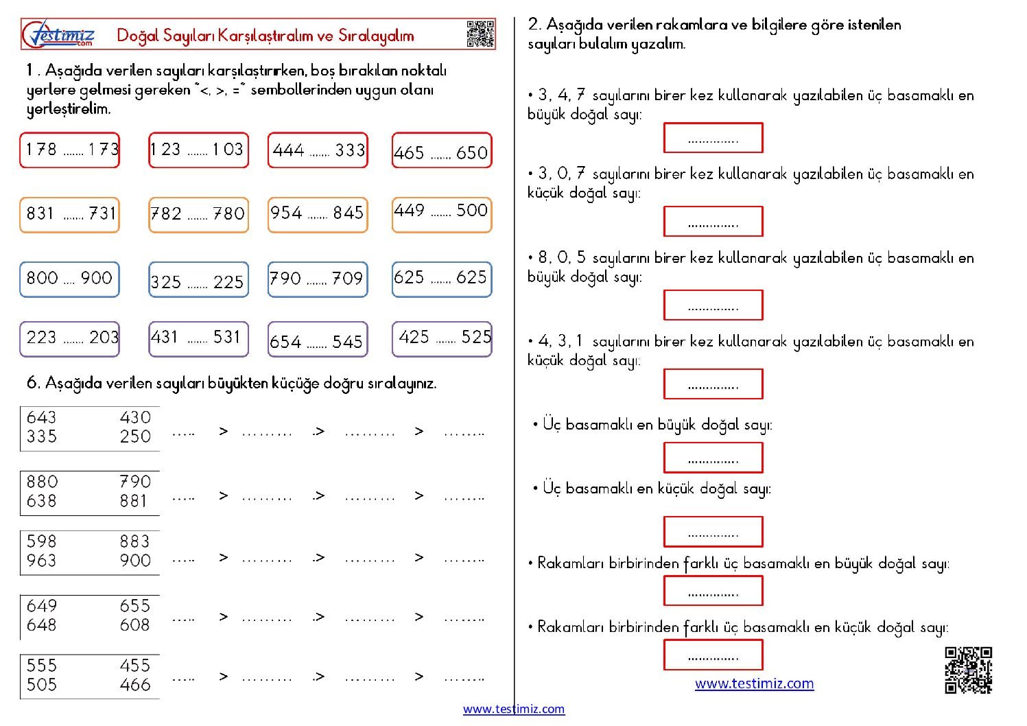 3. Sınıf Doğal Sayıları Sıralama ve Karşılaştırma Çalışması Pdf