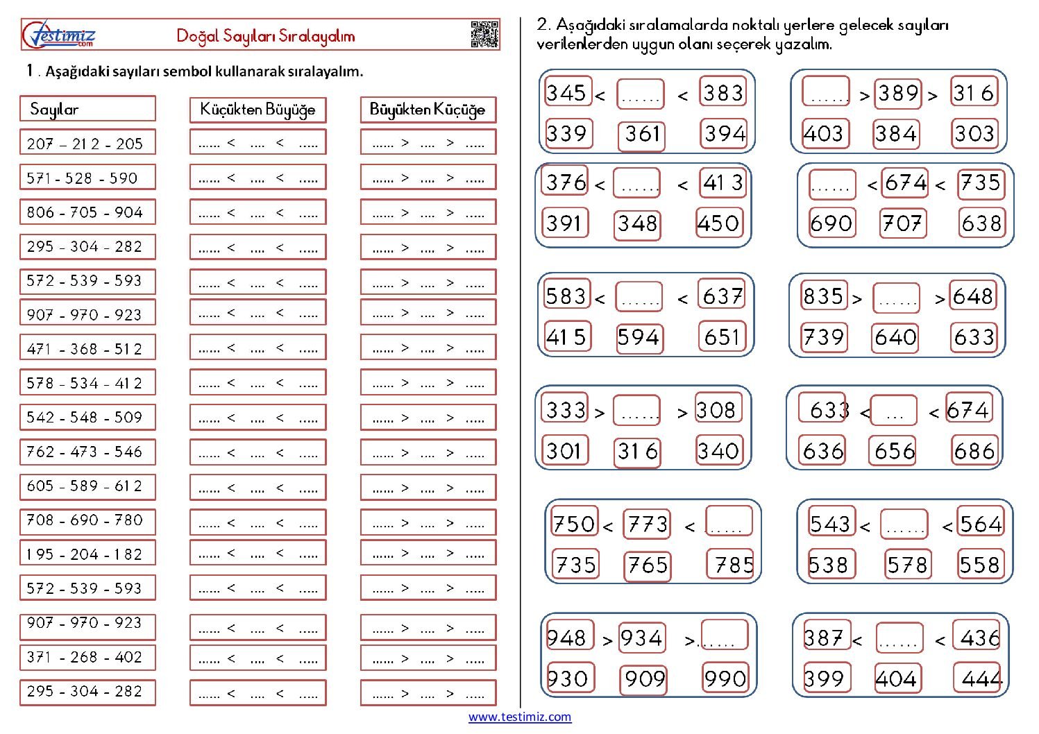 3. Sınıf Doğal Sayıları Sıralayalım Çalışması Pdf