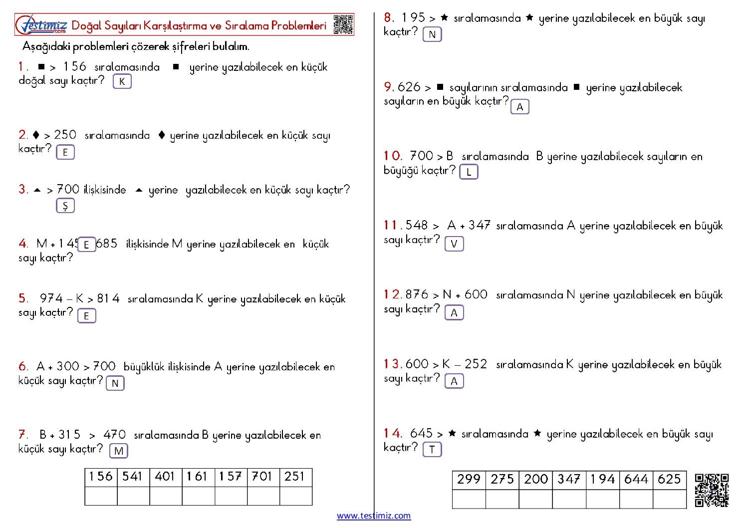 3. Sınıf Doğal Sayıları Karşılaştırma ve Sıralama Çalışması Pdf