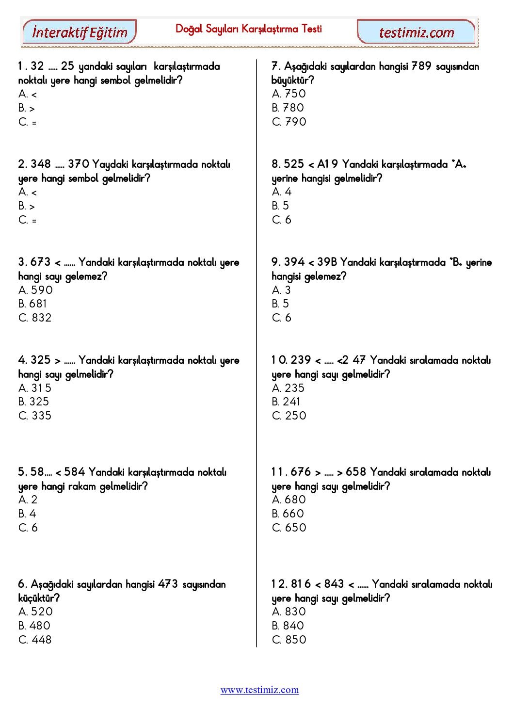 3. Sınıf Doğal Sayıları Karşılaştırma Çalışma Testi Pdf