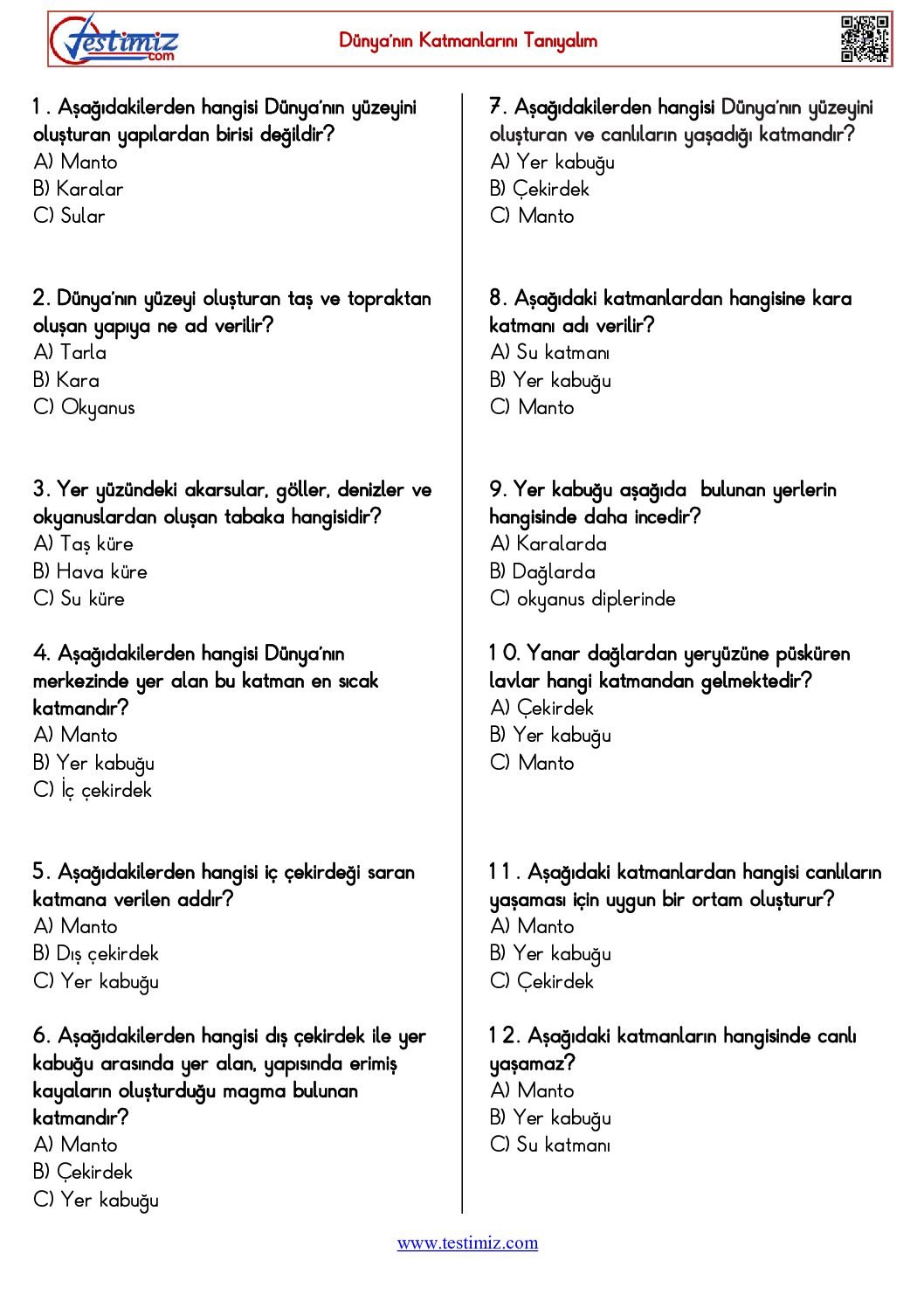 3. Sınıf Dünya’nın Katmanlarını Tanıyalım Çalışma Testi Pdf