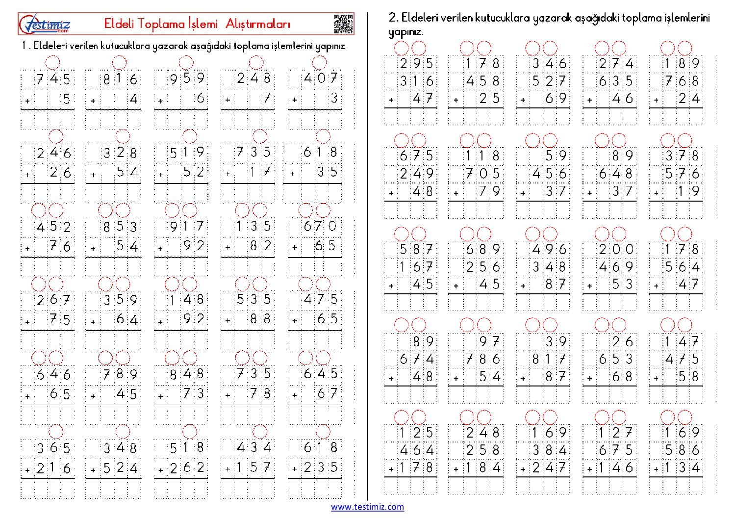 3. Sınıf Eldeli Toplama İşlemi Alıştırmaları Pdf