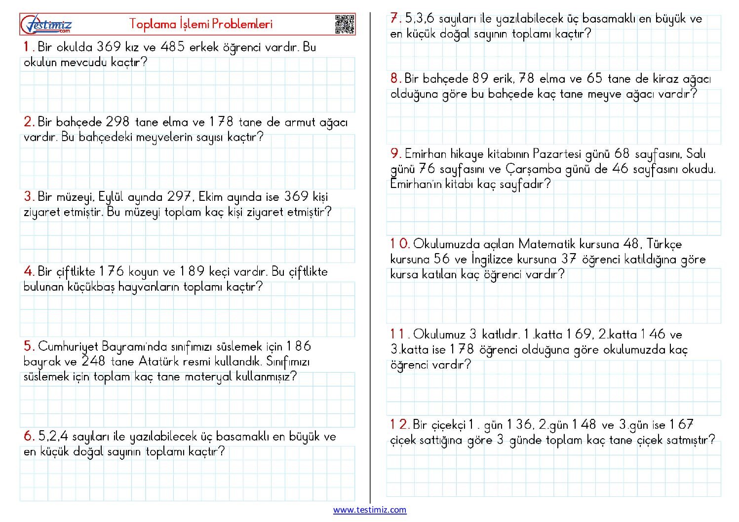 3. Sınıf Toplama İşlemi Problemleri Çalışması Pdf