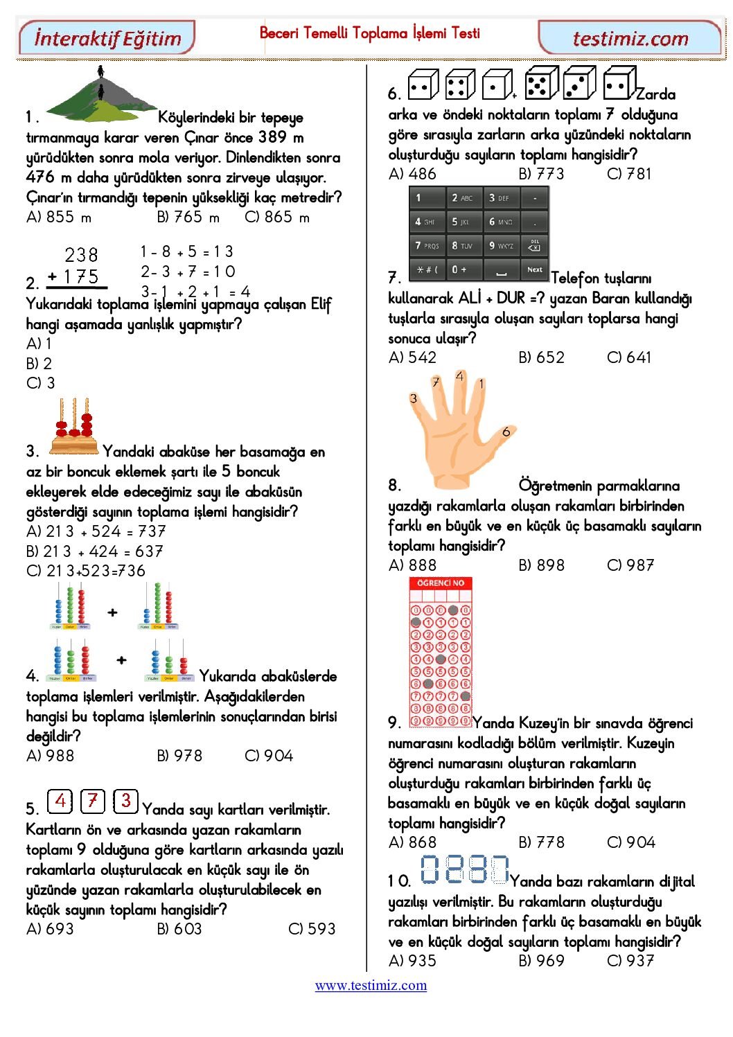 3. Sınıf Toplama İşlemi Çalışma Testi Pdf