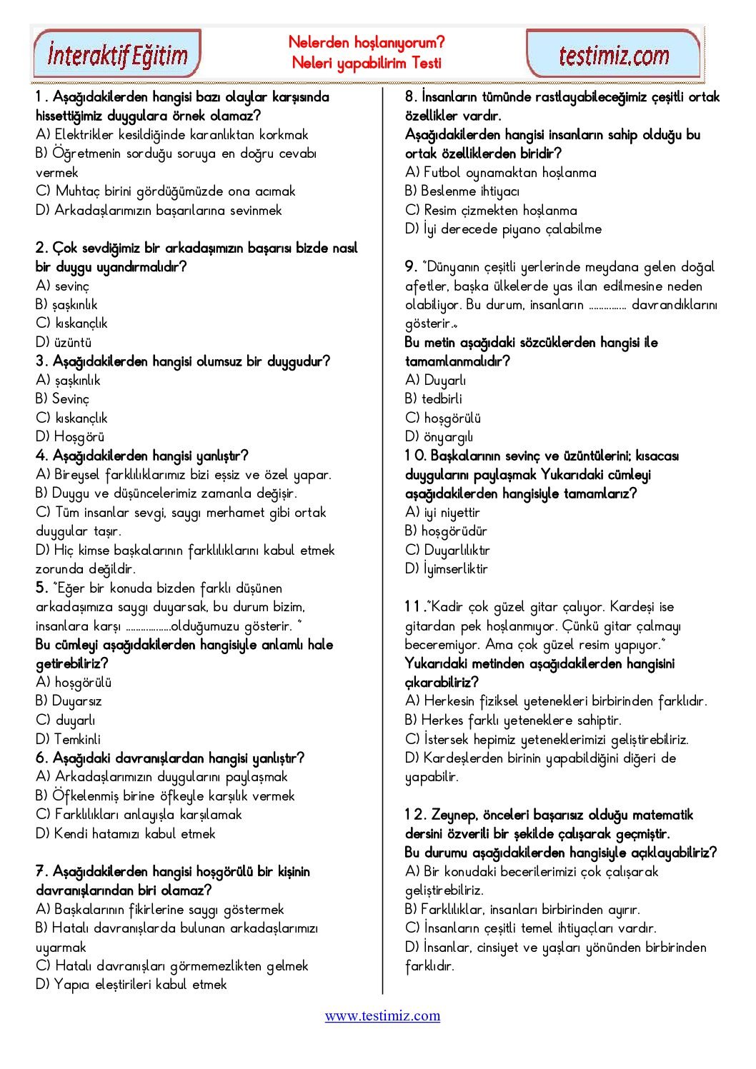 4. Sınıf Nelerden Hoşlanıyorum Neleri Yapabilirim Çalışma Testi Pdf