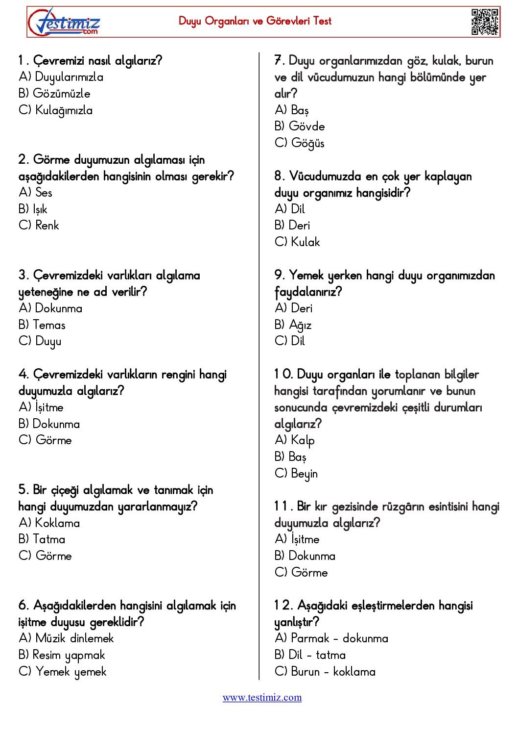 3. Sınıf Duyu Organları ve Görevleri Çalışma Testi Pdf