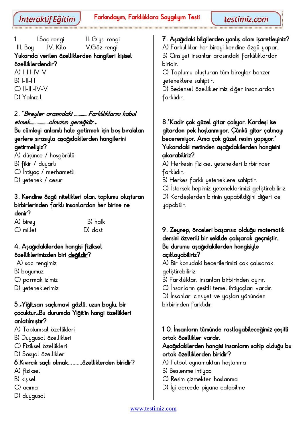 4. Sınıf Farkındayım Farklılıklara Saygılıyım Çalışma Testi Pdf