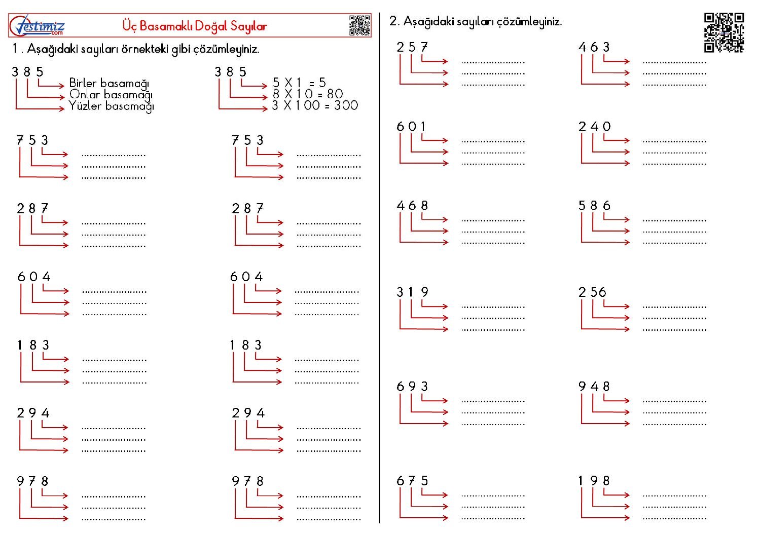 3. Sınıf Üç Basamaklı Sayıları Gösterme Çalışması Pdf