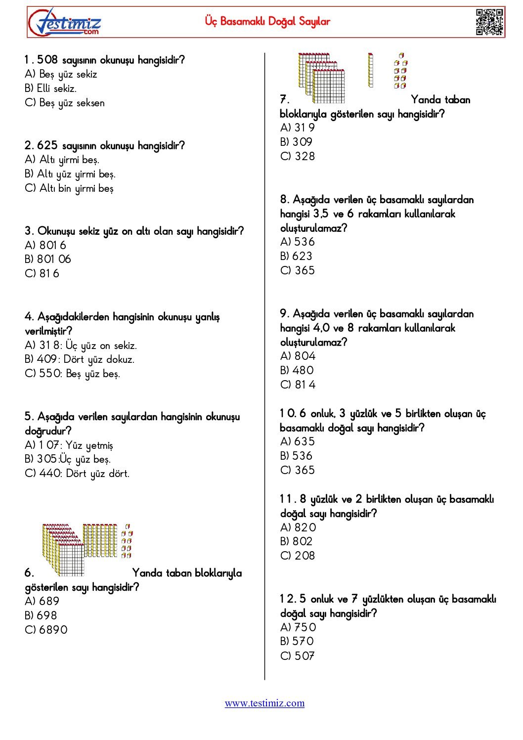 3. Sınıf Doğal Sayılar Çalışma Testi Pdf