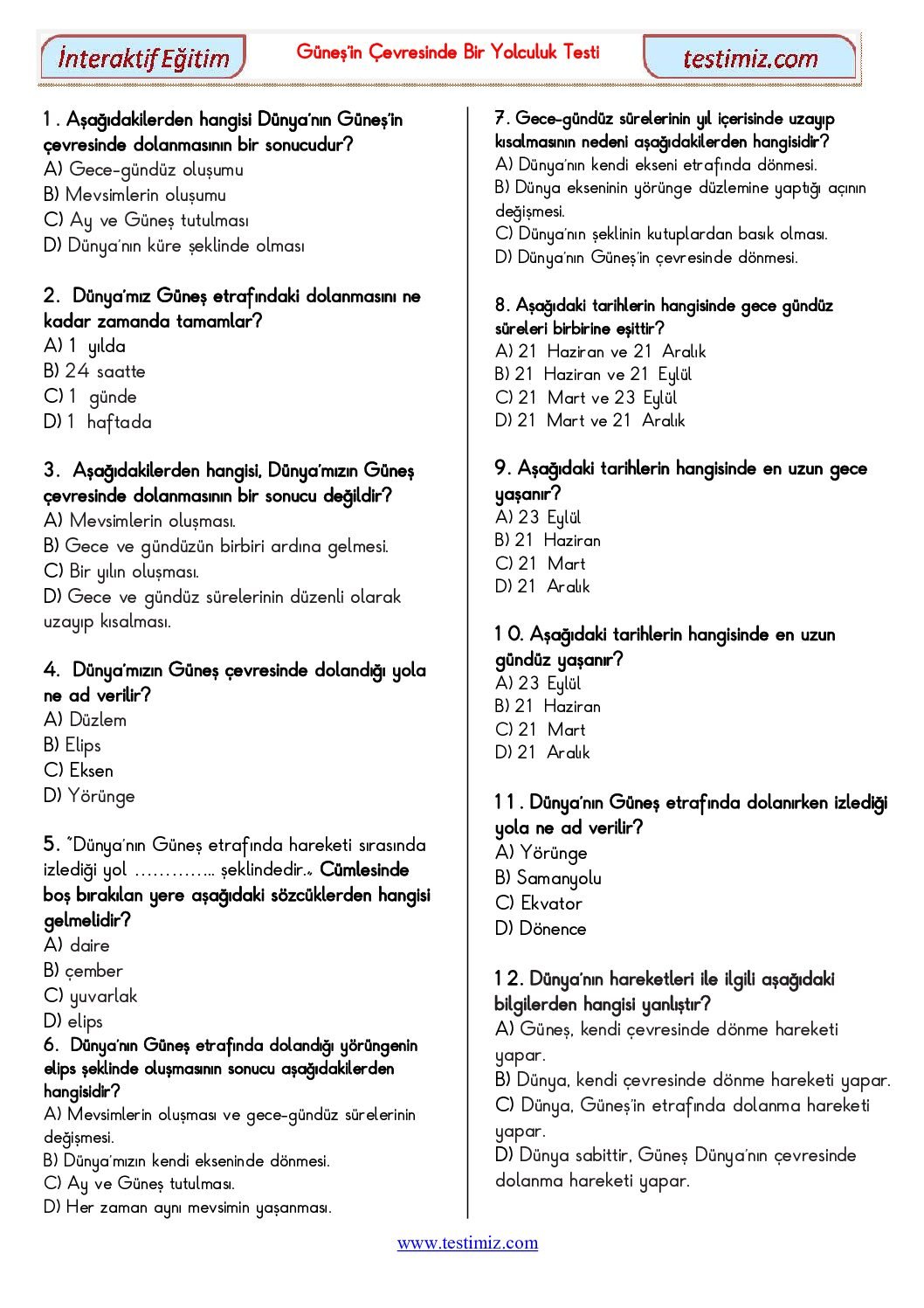 4. Sınıf Güneş’in Çevresinde Bir Yolculuk Çalışma Testi Pdf