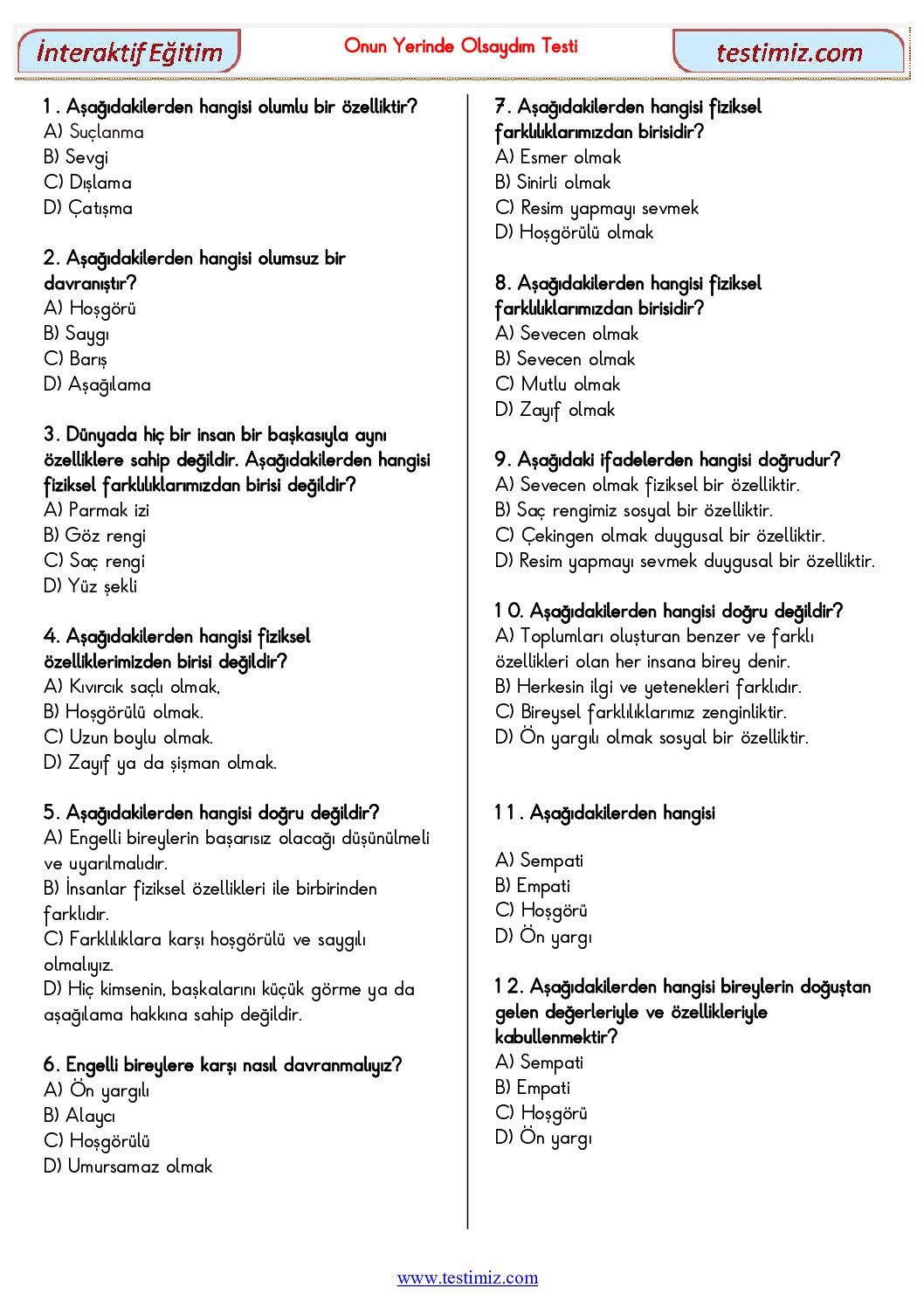 4. Sınıf Onun Yerinde Olsaydım Çalışma Testi Pdf