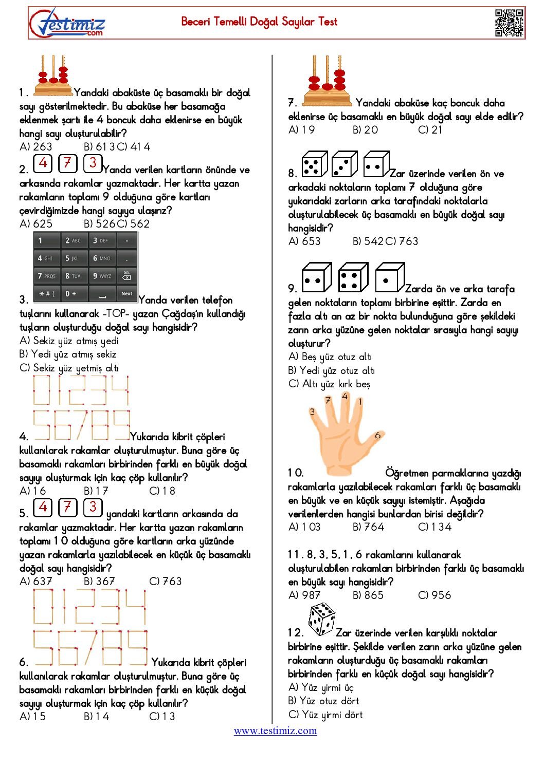 3. Sınıf Üç Basamaklı Doğal Sayılar Çalışma Testi Pdf