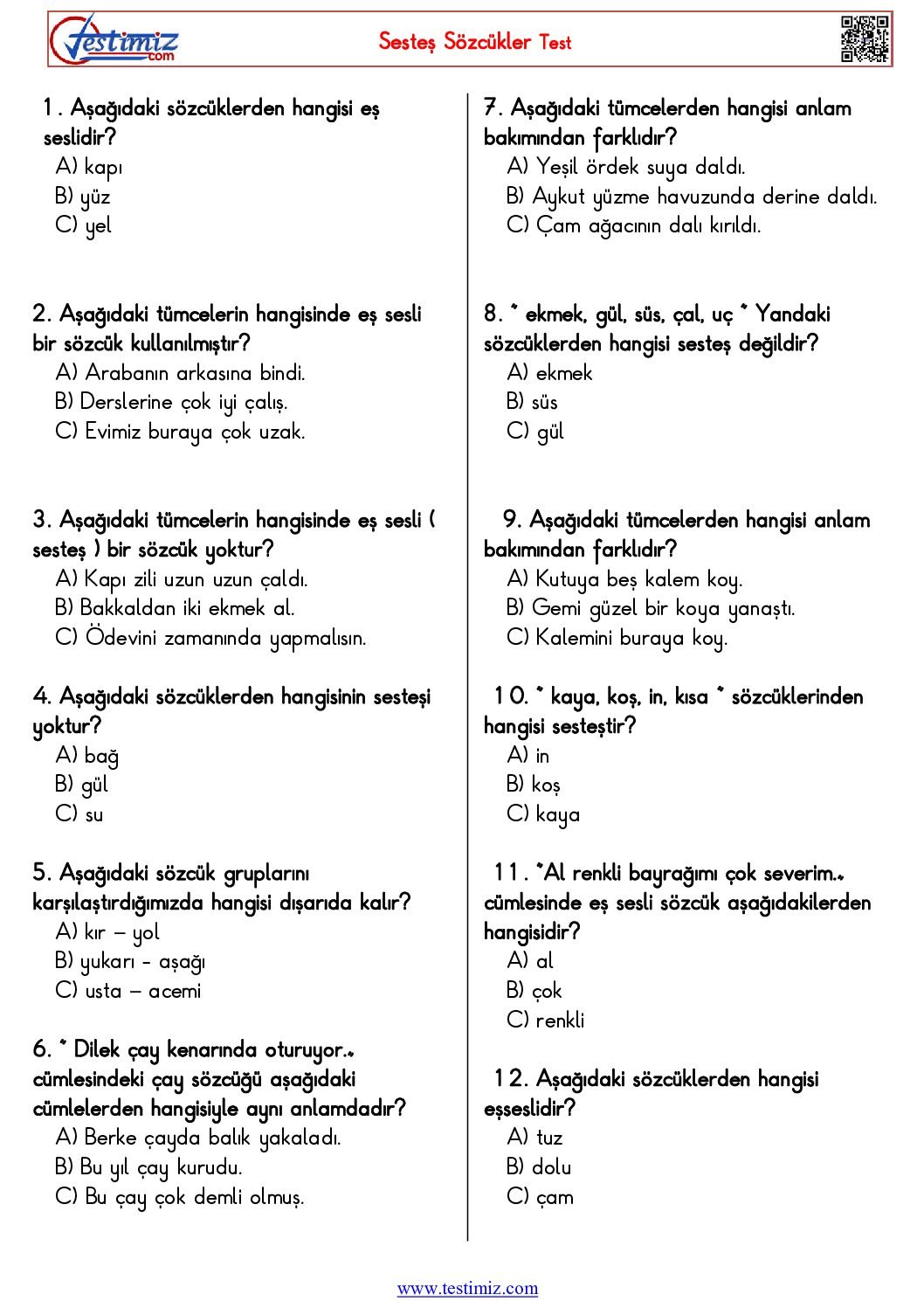 3. Sınıf Sesteş Sözcükler Çalışma Testi Pdf