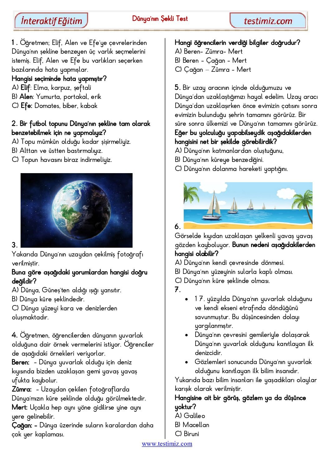 3. Sınıf Dünyanın Şekli Çalışma Testi Pdf