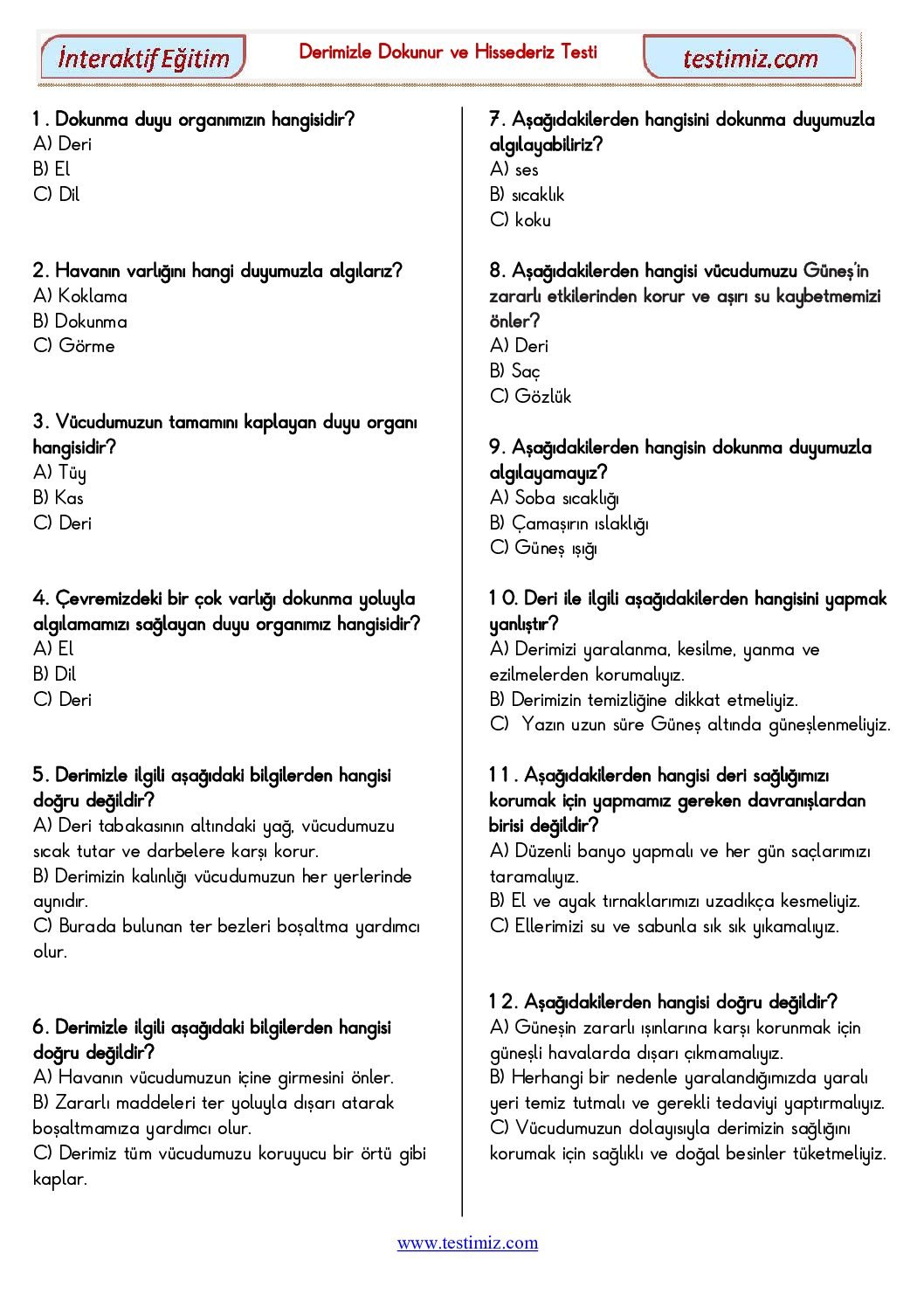 3. Sınıf Derimizle Dokunur ve Hissederiz Çalışma Testi Pdf