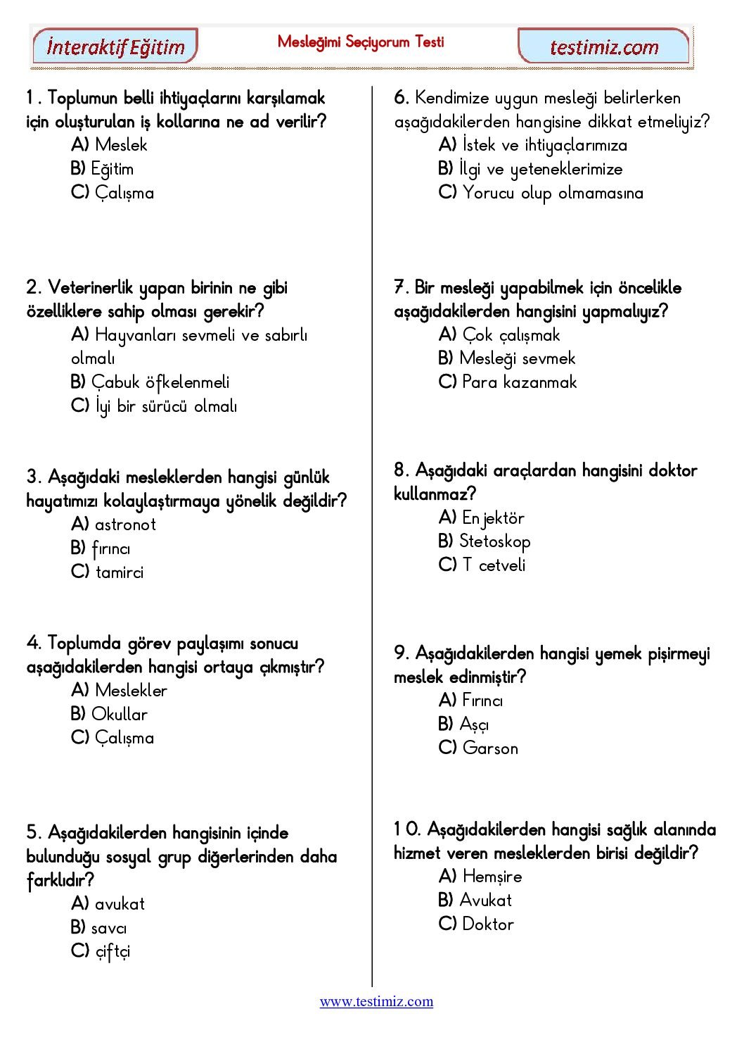 3. Sınıf Mesleğimi Seçiyorum Çalışma Testi Pdf