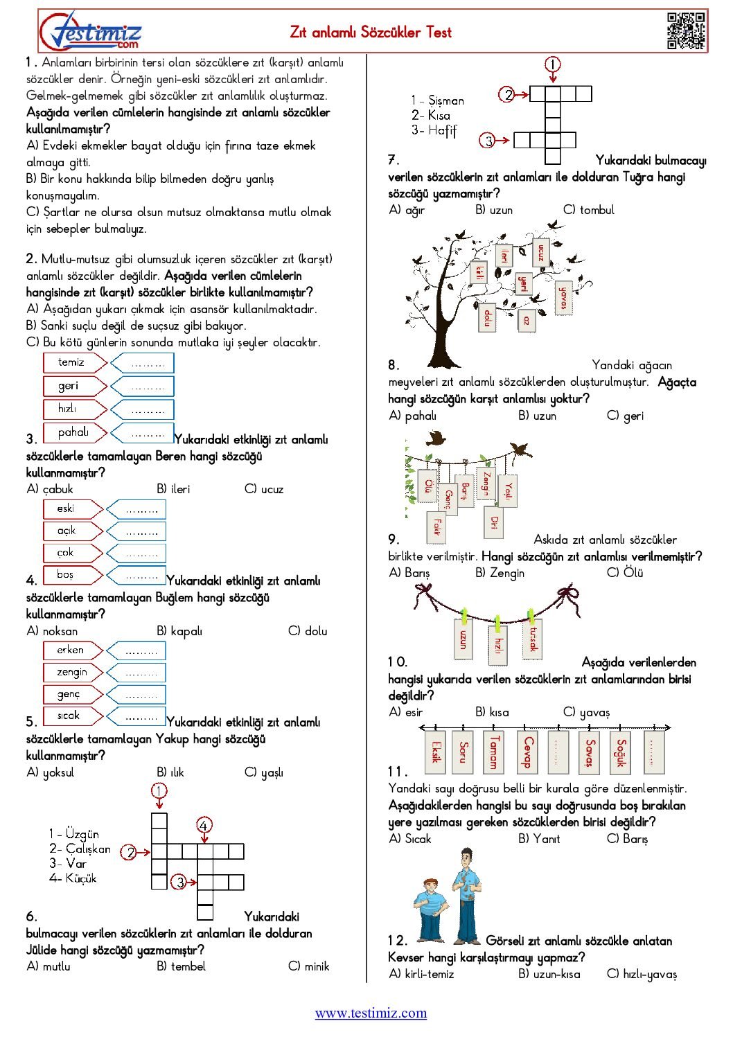 3. Sınıf Zıt Anlamlı Sözcükler Çalışma Testi Pdf