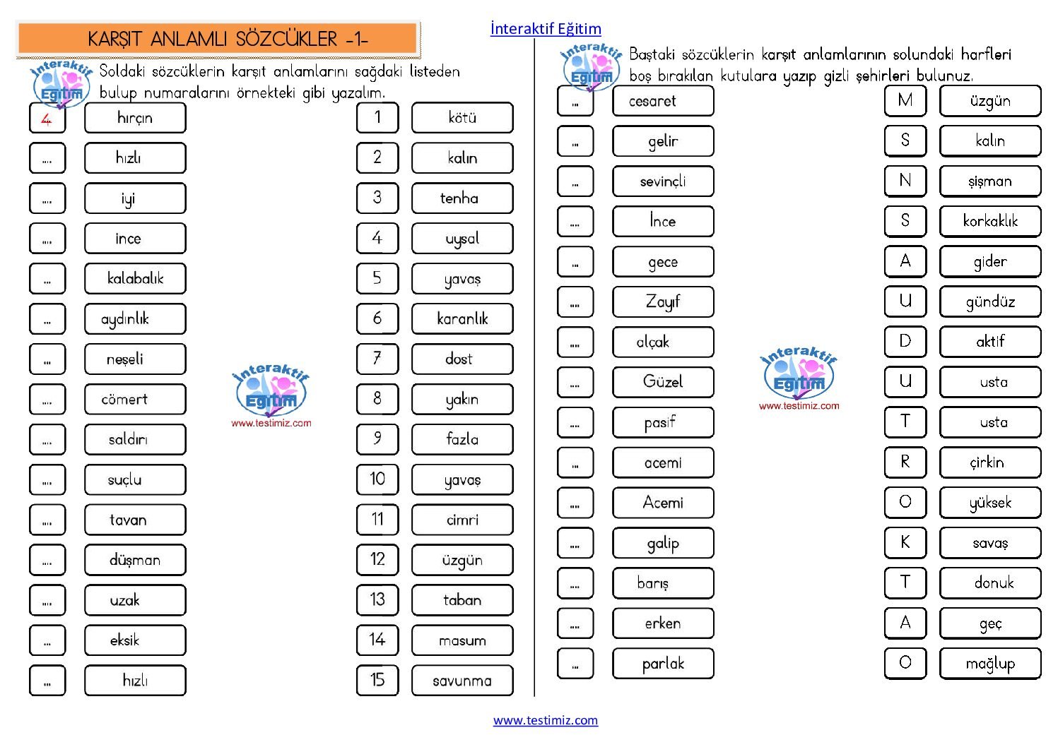 3. Sınıf Karşıt Anlamlı Sözcükler Çalışma Pdf