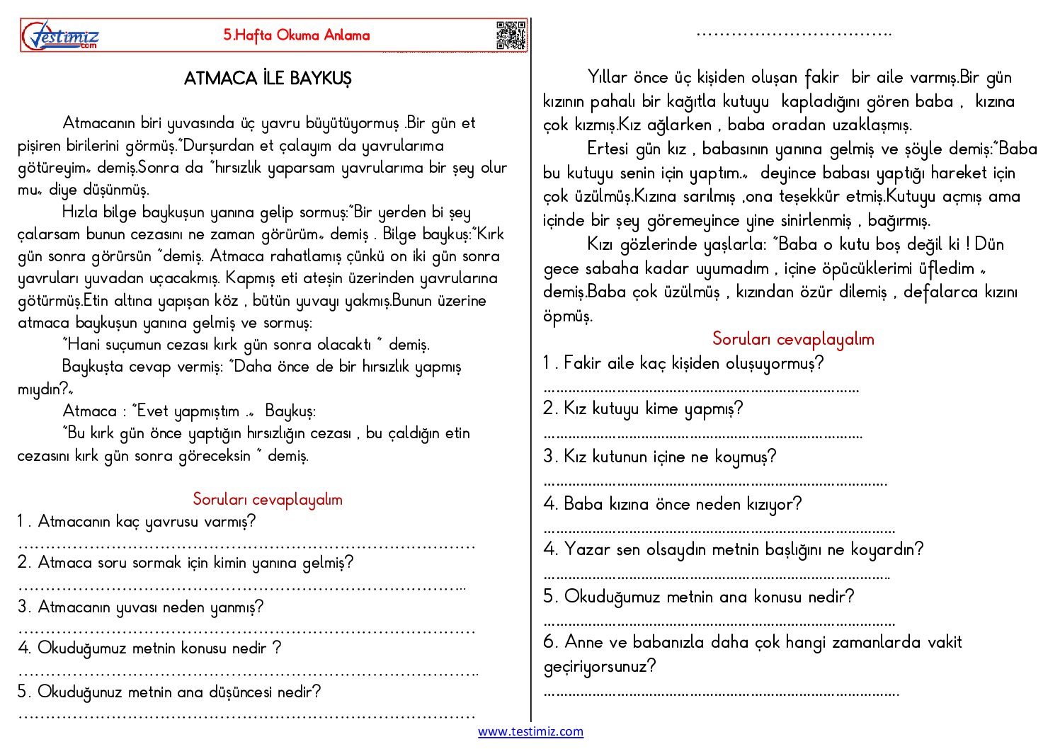 3. Sınıf 5.Hafta Okuma anlama Çalışması Pdf