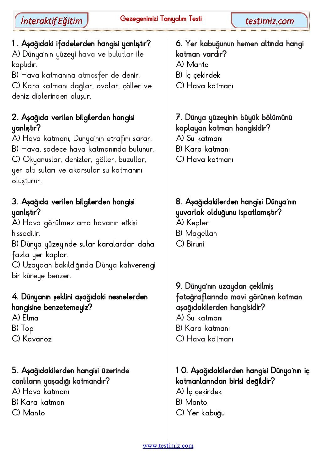 3. Sınıf Gezegenimizi Tanıyalım Çalışma Testi Pdf