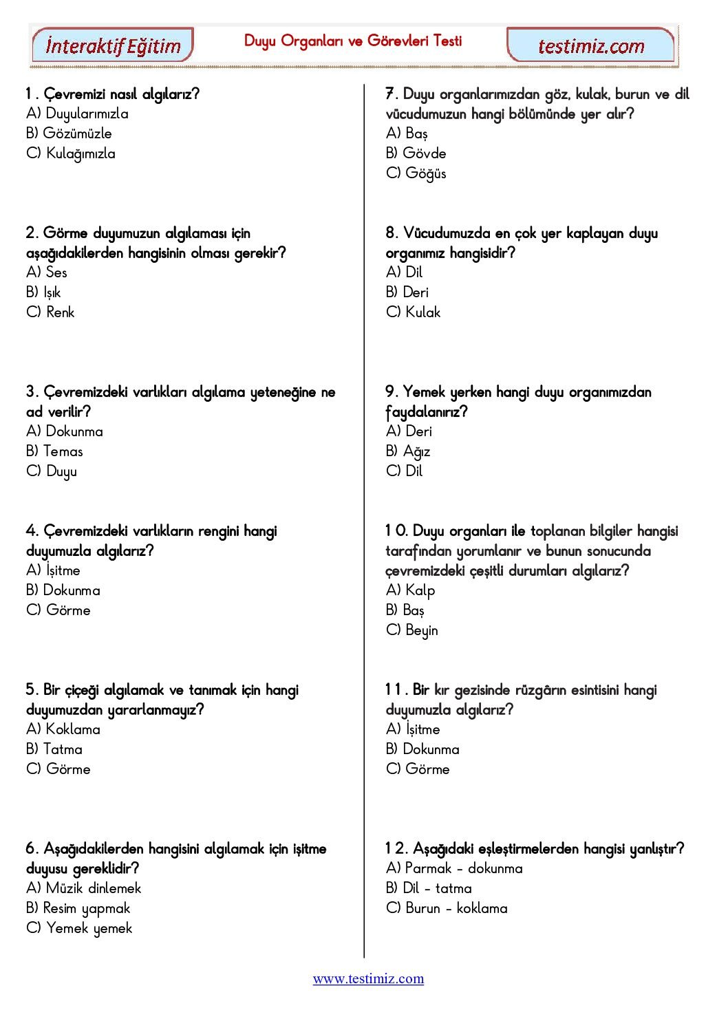 3. Sınıf Beş Duyumuz Ünite Çalışma Testi Pdf