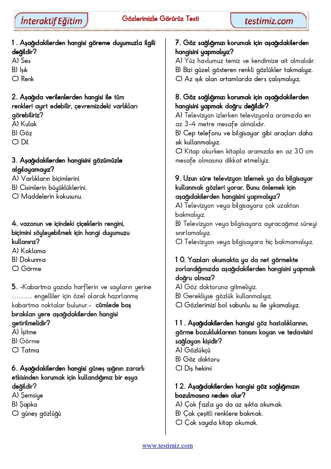 3. Sınıf Gözlerimizle Görürüz Çalışma Testi Pdf