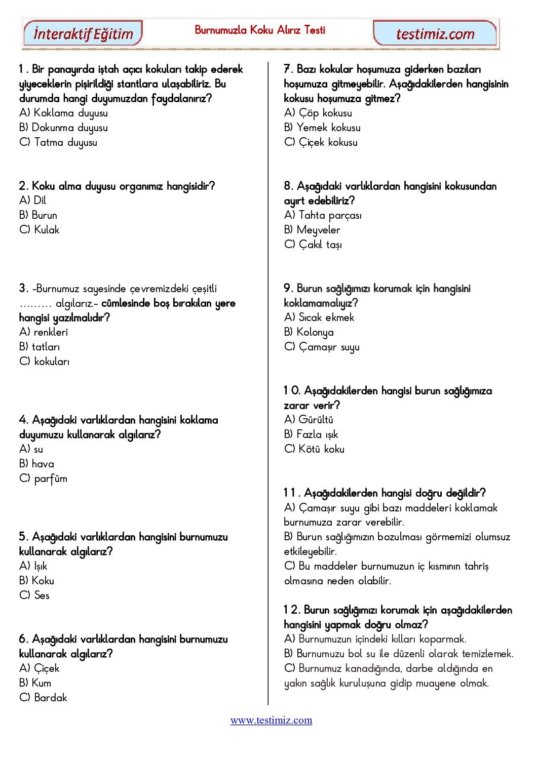 3. Sınıf Burnumuzla Koku Alırız Çalışma Testi Pdf