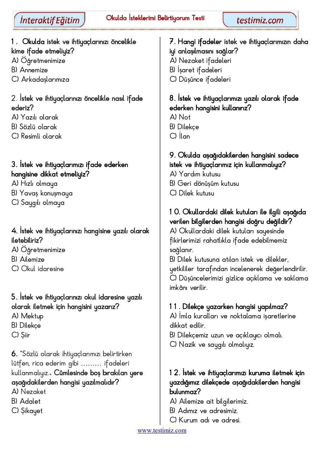 3. Sınıf Okulda İstediklerimi Belirtiyorum Çalışma Testi Pdf