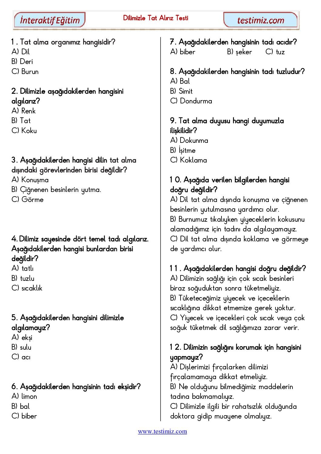 3. Sınıf Dilimizle Tat Alırız Çalışma Testi Pdf