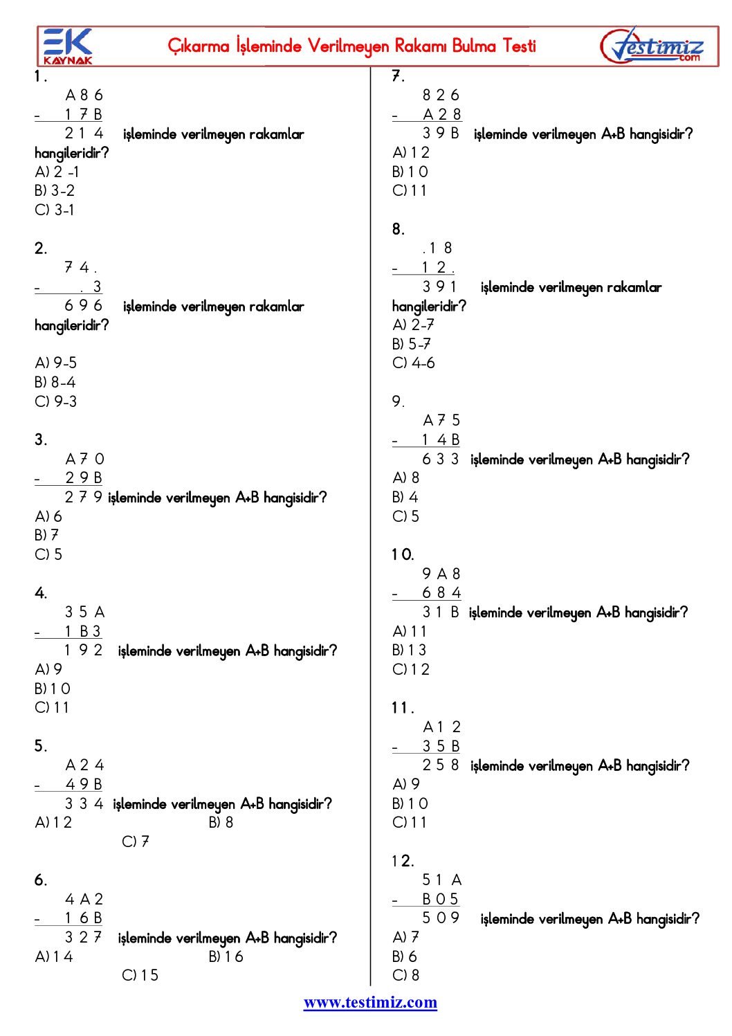 3. Sınıf Çıkarma İşleminde Verilmeyen Terimi Bulma Çalışma Testi Pdf