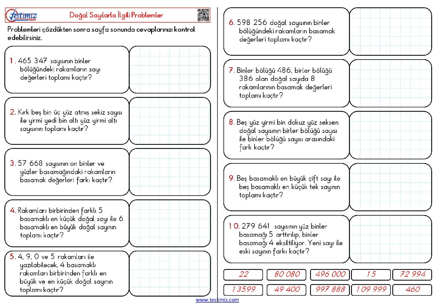 4.Sınıf Doğal Sayılar Problemleri Çalışma Pdf