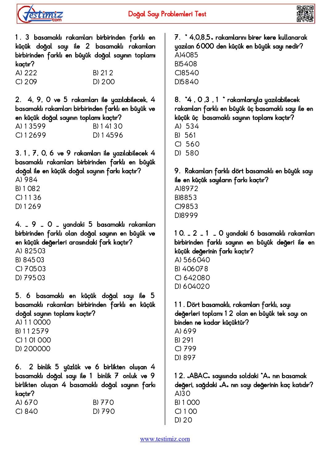 4.Sınıf Doğal Sayılar İlgili Problemler Çalışma Pdf