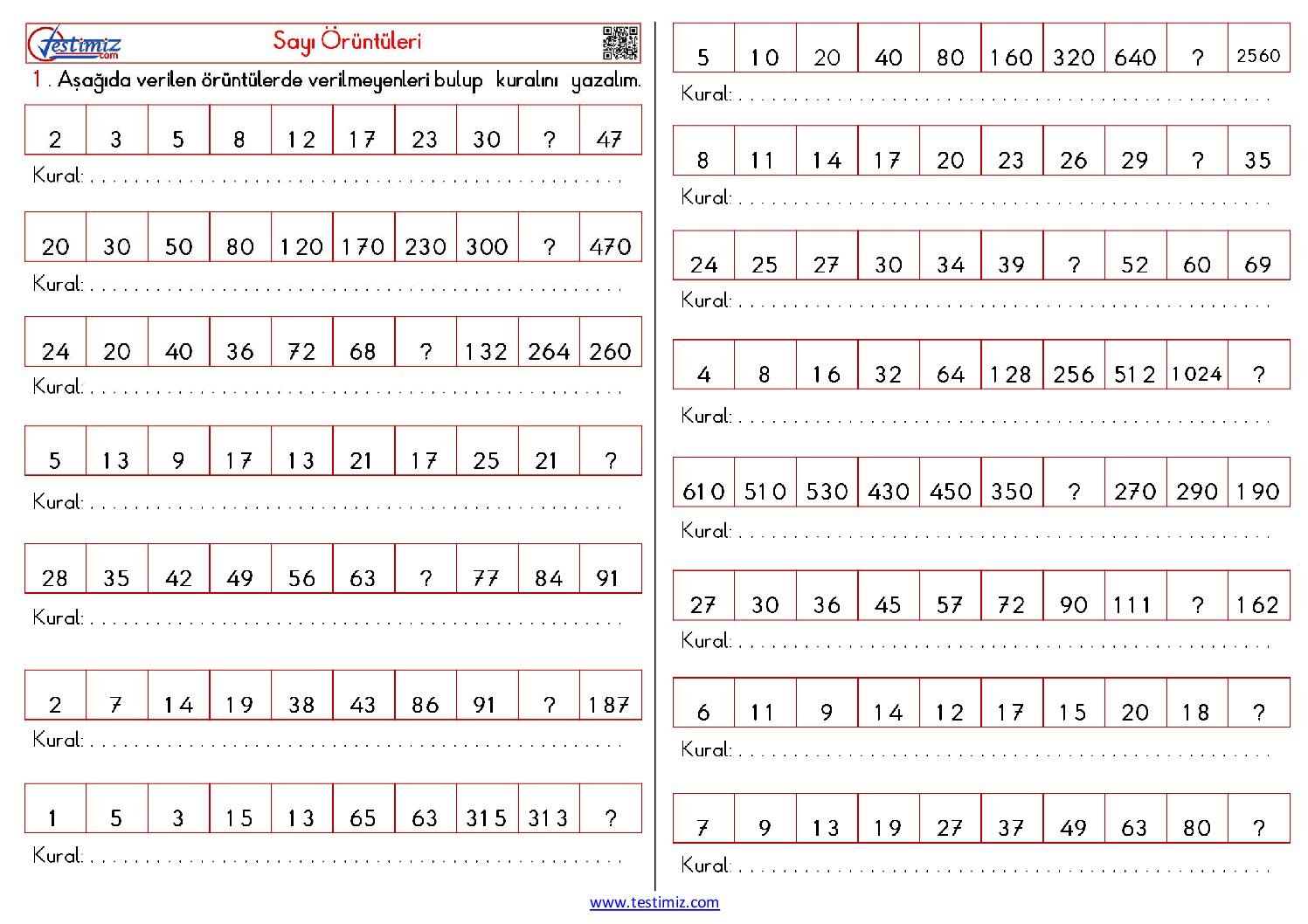 4.Sınıf Sayı Örüntüleri Çalışma Pdf