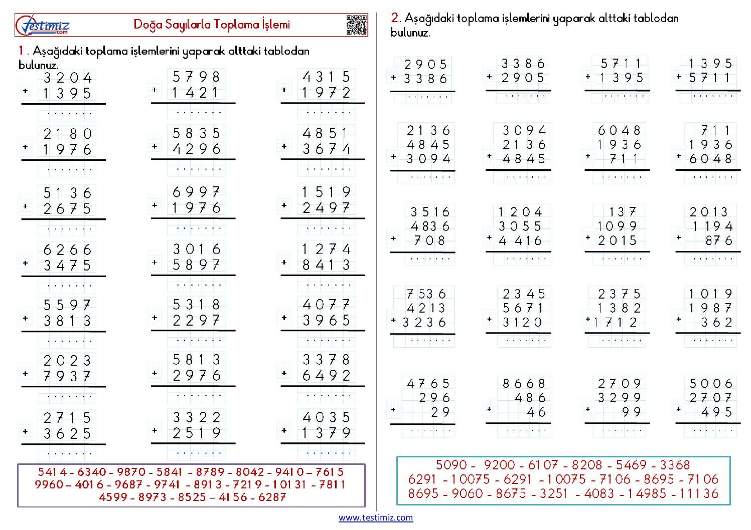 4.Sınıf Toplama Alıştırmaları Çalışma Pdf