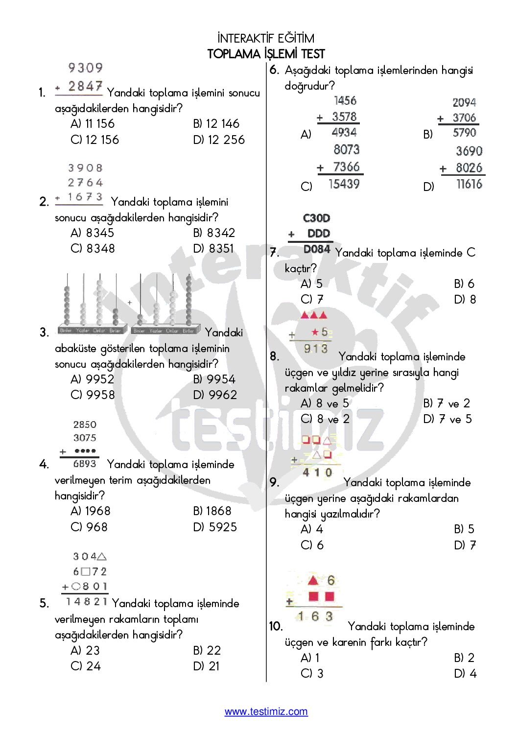 4.Sınıf Toplama İşlemi Çalışma Testi Pdf