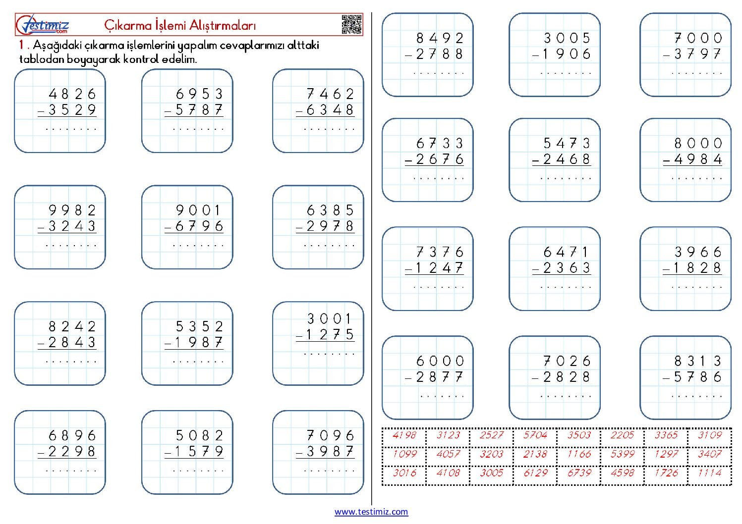 4.Sınıf Çıkarma İşlemi Çalışma Alıştırmaları Pdf