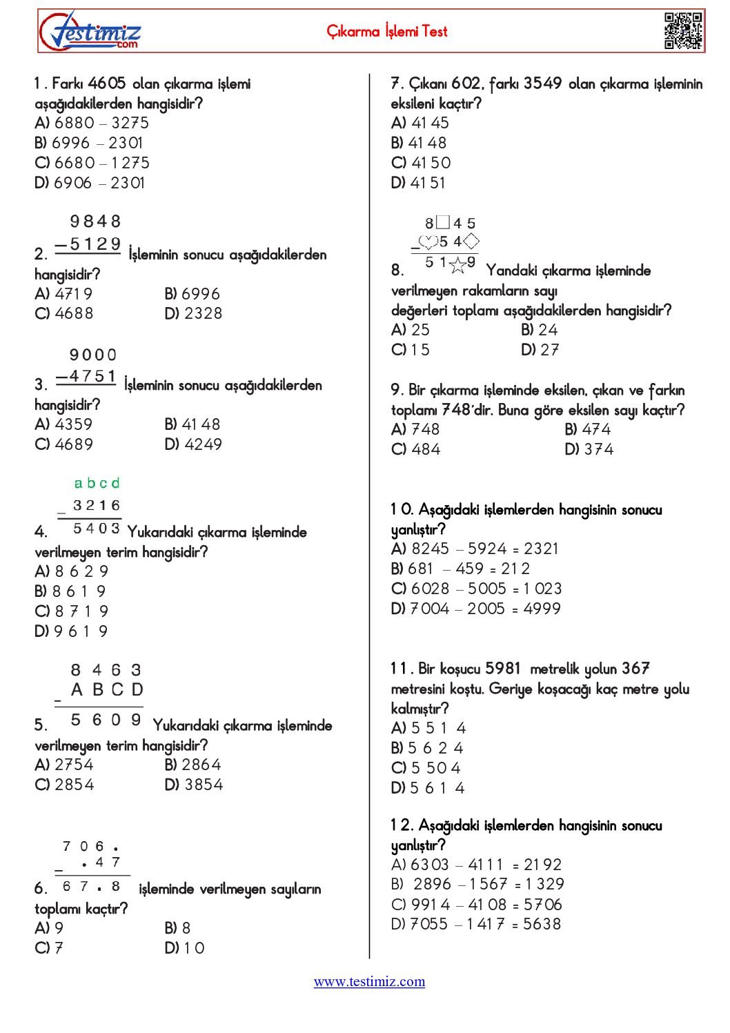 4.Sınıf Çıkarma İşlemi Çalışma Testi Pdf