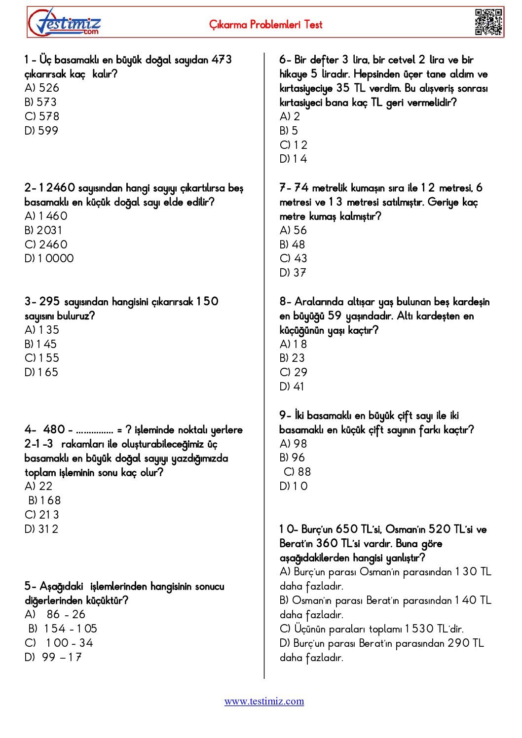 4.Sınıf Çıkarma Problemleri Çalışma Testi Pdf