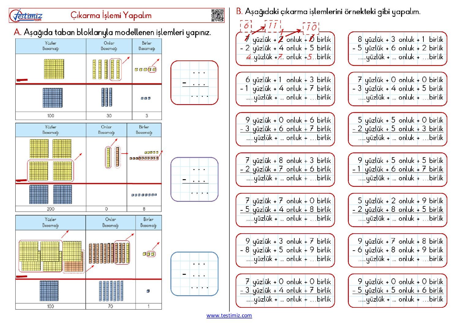 4.Sınıf Çıkarma İşlemi Hatırlama Çalışması Pdf